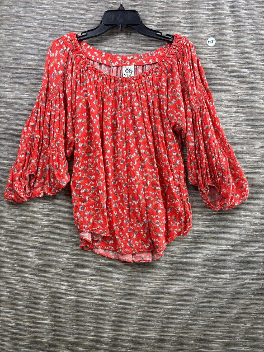 Ivy Jane Blouse Womens XS Red Floral Ruffle Scoop Neck Balloon Sleeve Tunic Top